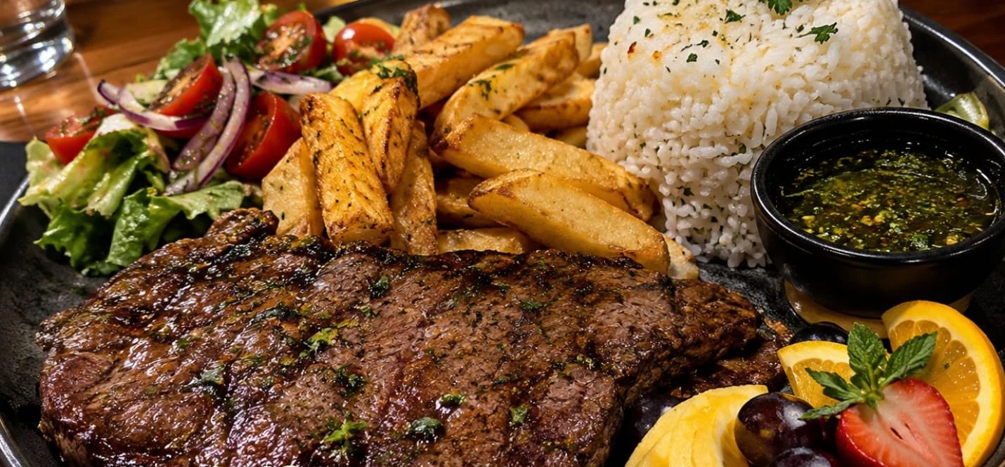 Plato de carne asada con papas, arroz, ensalada y fruta